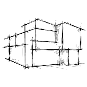Ink sketch of a house under construction, representing the build stage