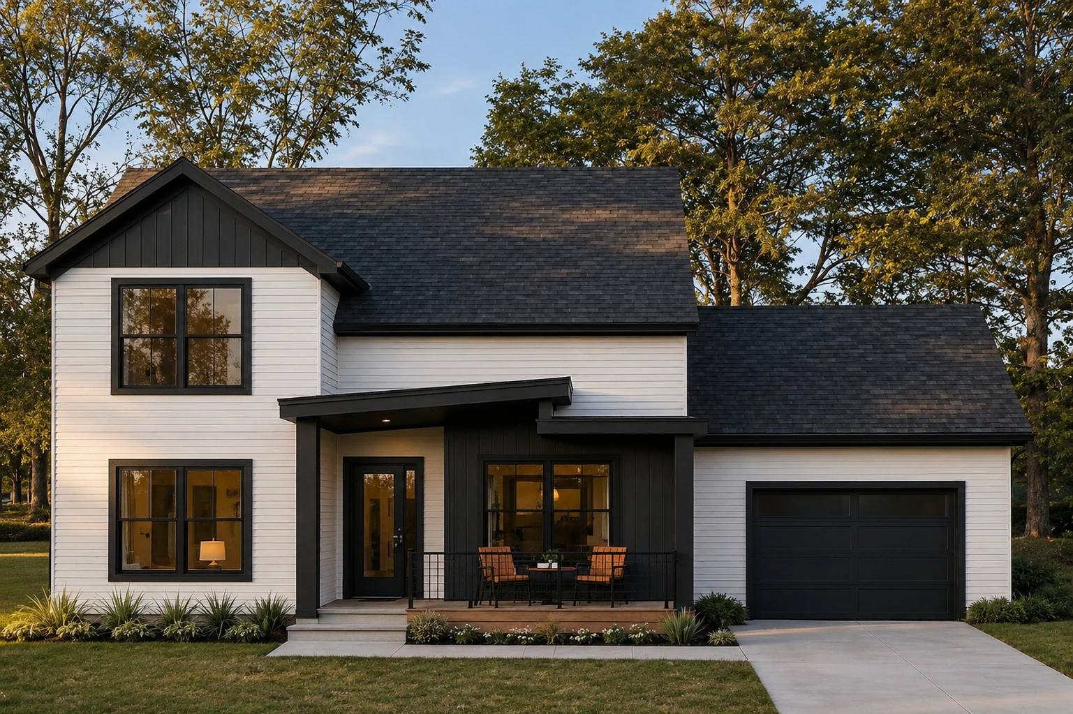 Two-storey modern farmhouse with white siding, black windows, a dark shingle roof, covered porch and attached garage