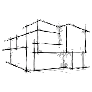 Sketch of a framed structure, marking the framing and rough-in stage