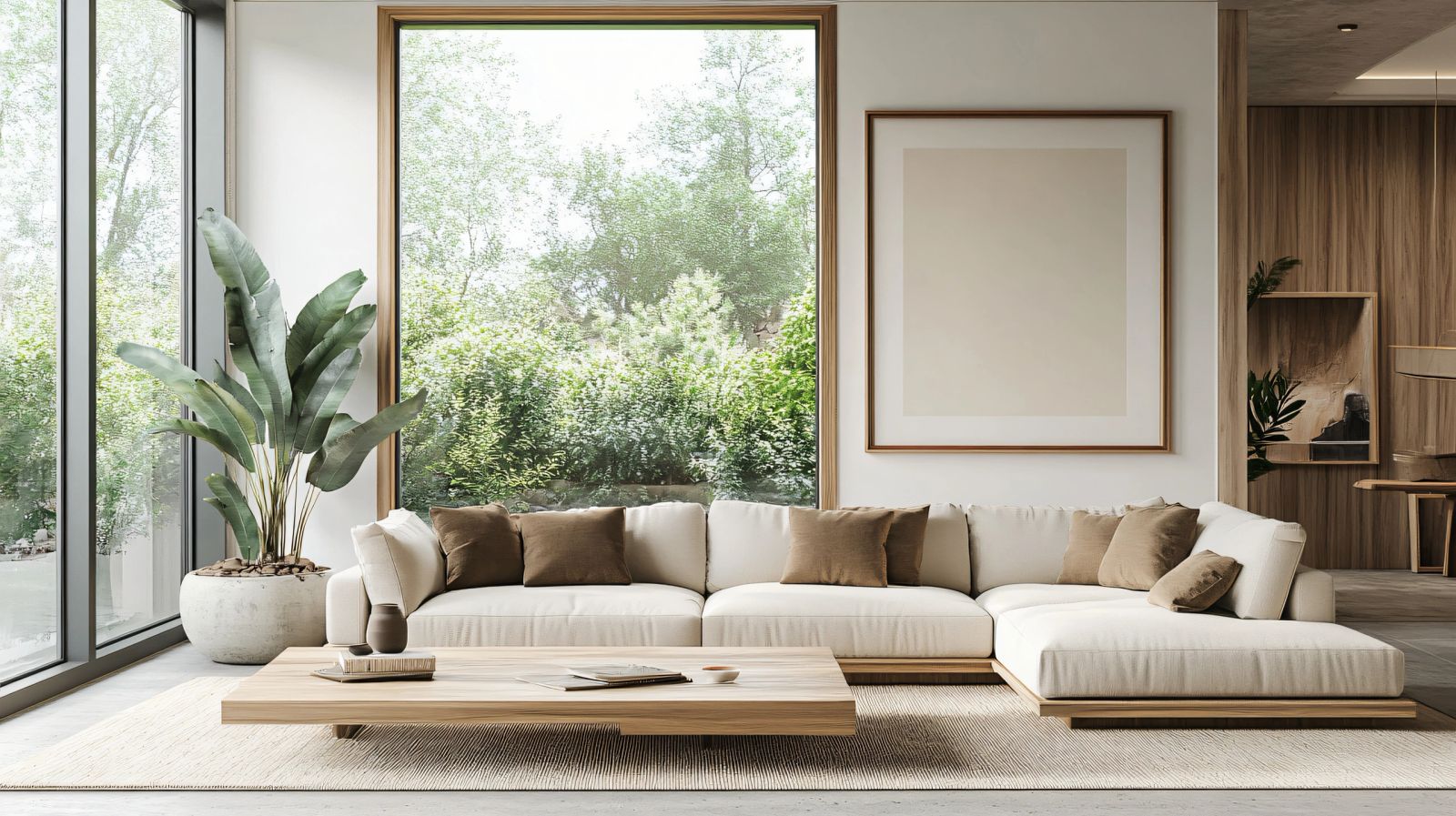 Living space with large windows opening onto a covered patio