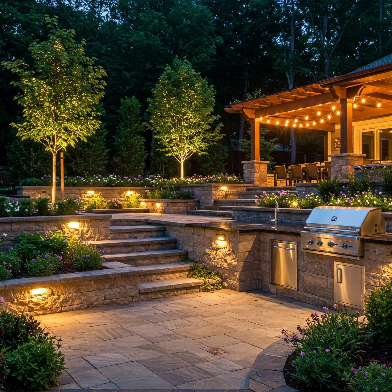 Covered outdoor living area with dining and lounge zones at dusk