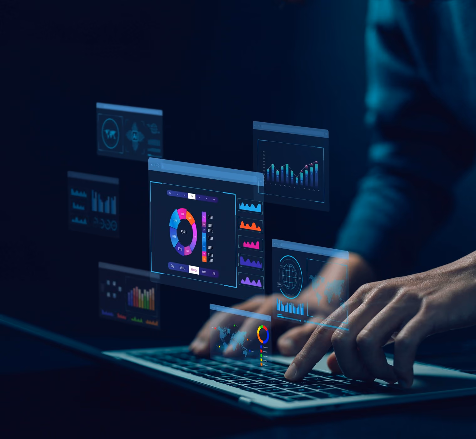 Hands type on a laptop beneath glowing holographic charts and data widgets.