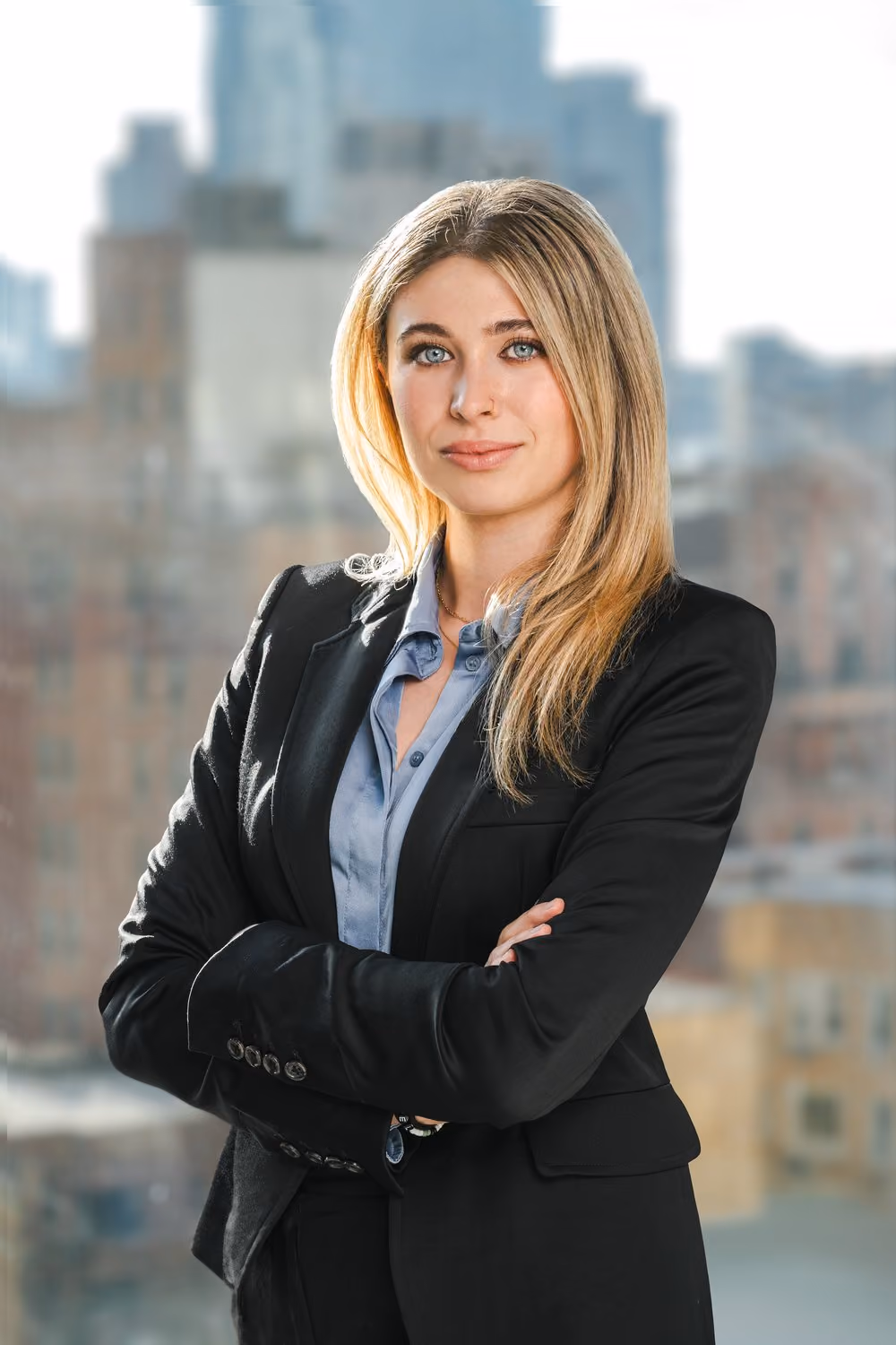 Blonde woman in a blazer and blue shirt poses with arms crossed before a skyline.