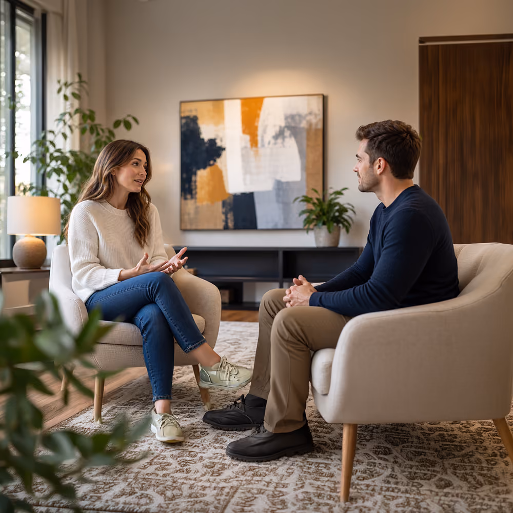 Man having a direct, honest conversation with his therapist in a calm office setting