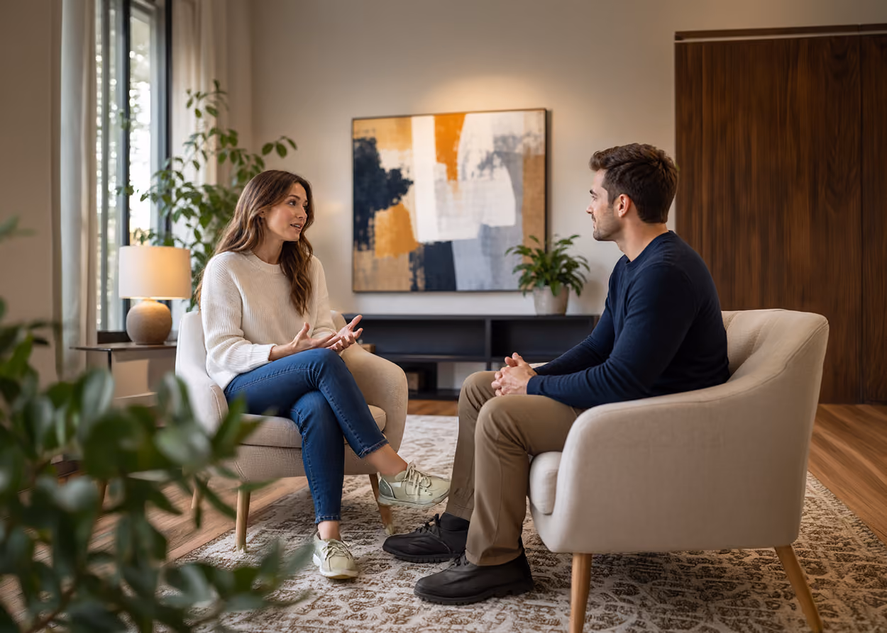 Man having a direct, honest conversation with his therapist in a calm office setting