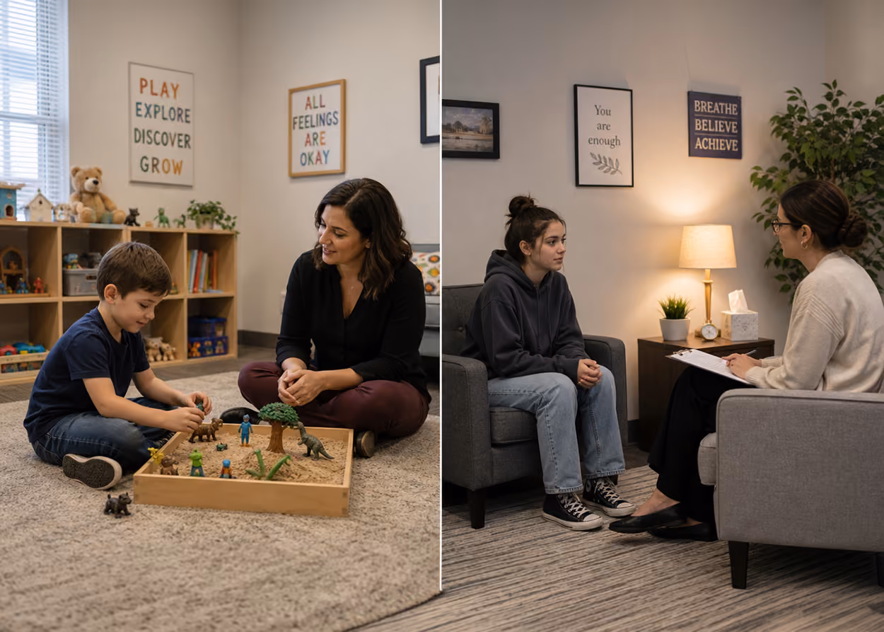 Side-by-side comparison illustrating play therapy and traditional talk therapy. On the left, a therapist sits cross-legged on the floor observing a young boy arranging mini figures in a sand tray. On the right, a therapist with a clipboard talks with a teenage girl seated across from her in an armchair.