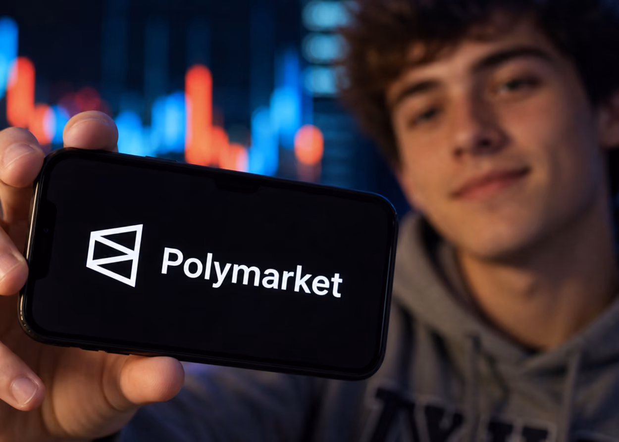 Young college age male holding up phone with Polymarket logo being displayed. 