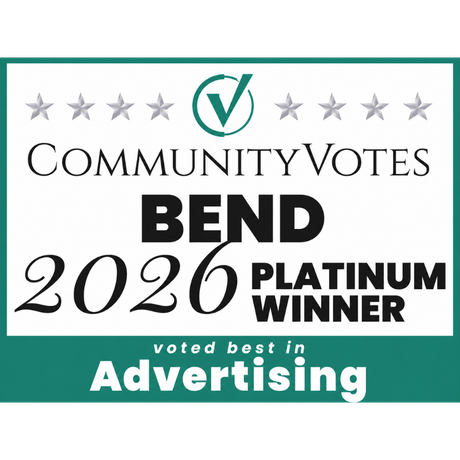 CommunityVotes Bend 2026 Platinum Winner voted best in Advertising with stars and check mark symbol.