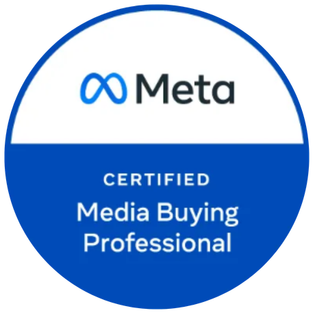Meta Certified Media Buying Professional badge with Meta logo on white and blue background.