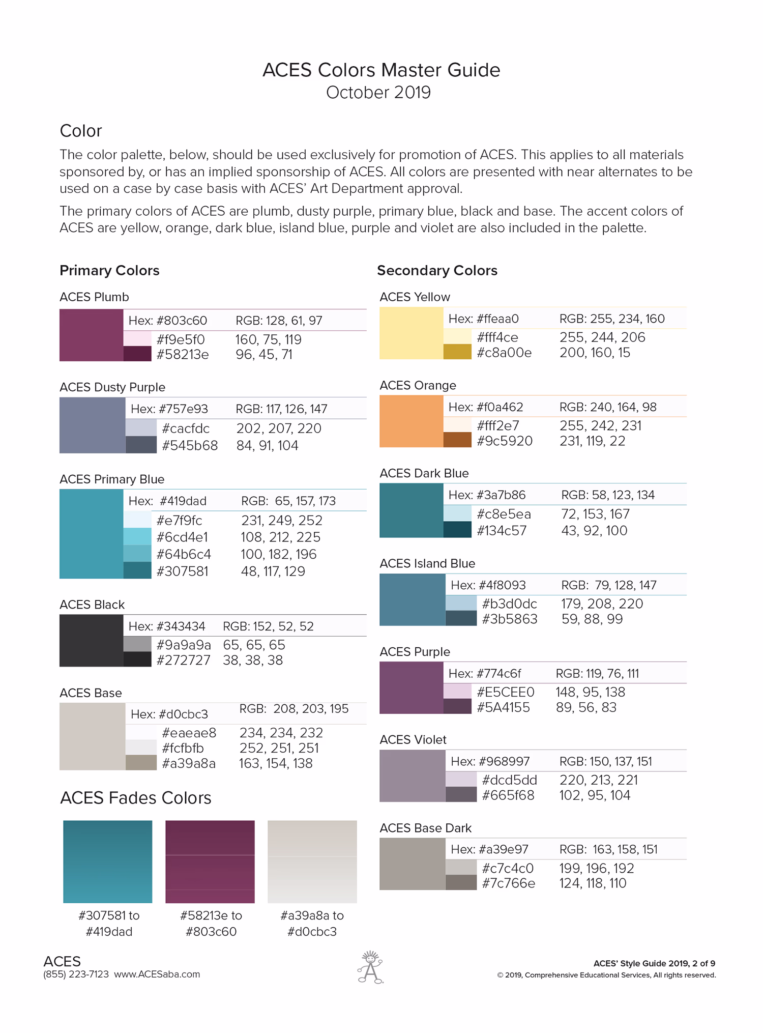 ACES Colors Master Guide from October 2019 showing primary, secondary, and fades color palettes for promotion of ACES. The guide details hex codes and RGB values for Primary Colors: ACES Plumb, Dusty Purple, Primary Blue, Black, Base; Secondary Colors: ACES Yellow, Orange, Dark Blue, Island Blue, Purple, Violet, Base Dark; and ACES Fades Colors blending some primary colors. It includes a description emphasizing use exclusivity and color roles in the ACES palette.