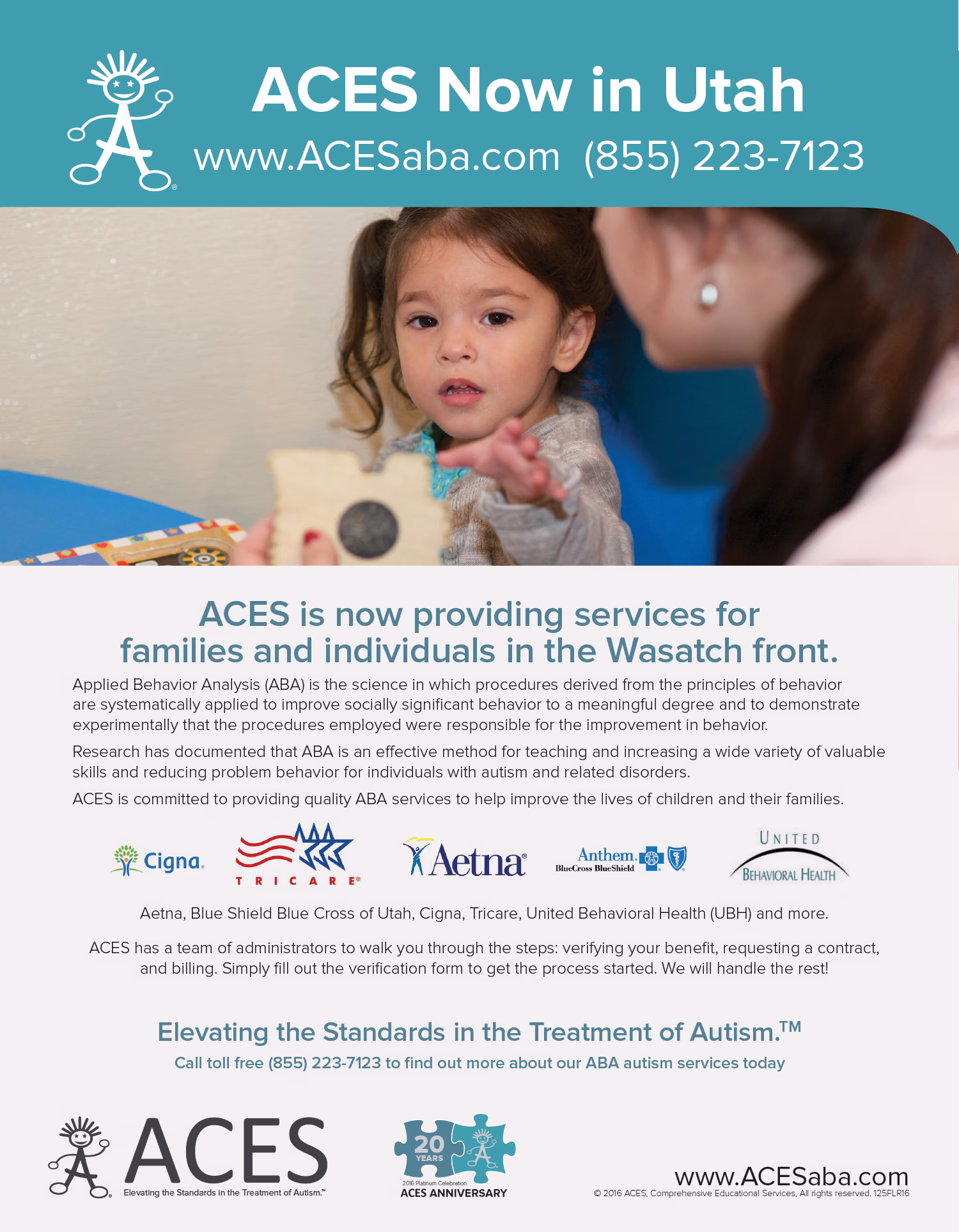 ACES Now in Utah banner showing a young child interacting with an adult, with contact info www.ACESaba.com and phone (855) 223-7123. The text explains that ACES provides Applied Behavior Analysis (ABA) services in the Wasatch front for families and individuals, focusing on autism and related disorders, and lists partner insurers including Cigna, Tricare, Aetna, Anthem Blue Cross Blue Shield, and United Behavioral Health. It invites calling or visiting the website to learn more.