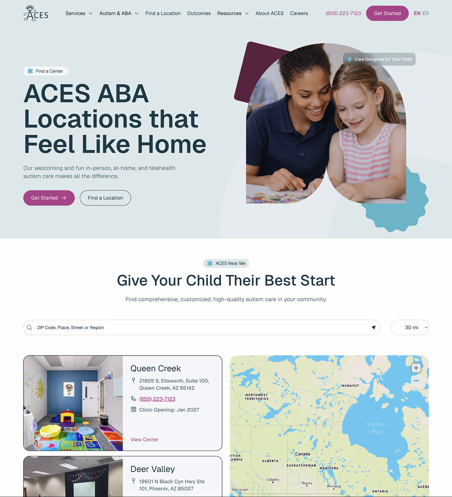 ACES ABA locations webpage showing a welcoming image of a smiling adult and child working on a puzzle, headline 'ACES ABA Locations that Feel Like Home,' and options to get started or find a location. Below is a search bar for ZIP code or region and a list of centers including Queen Creek with address, phone number, and clinic opening date, alongside a colorful indoor playroom photo and a map of North America highlighting center locations.