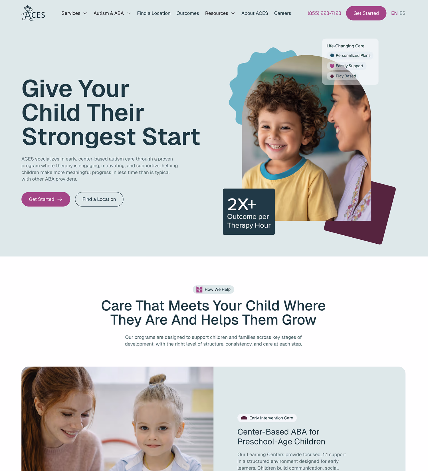 Webpage section from ACES promoting early autism care with text 'Give Your Child Their Strongest Start' alongside a smiling young child and a caregiver. It mentions 2X+ outcome per therapy hour and highlights personalized, family support, and play-based care. Below, a section titled 'Care That Meets Your Child Where They Are And Helps Them Grow' describes supportive programs, with an image of a woman and preschool-age child smiling together.