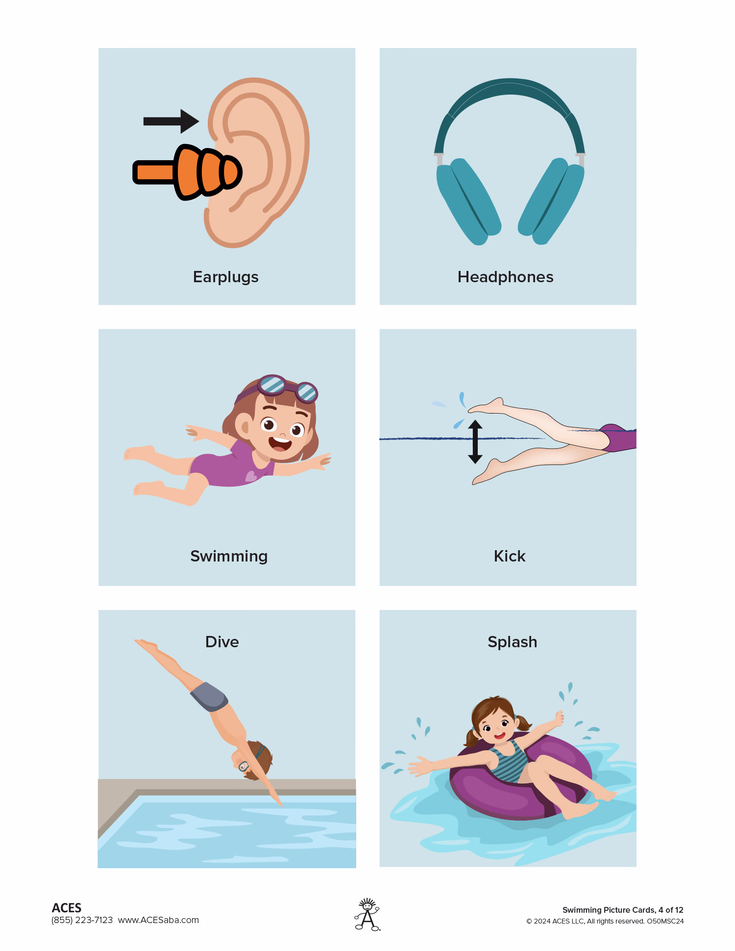 Illustration showing six swimming-related concepts: earplugs being inserted into an ear, a pair of teal headphones, a girl swimming with goggles, a person's legs kicking in the water, a person diving into a pool, and a girl sitting on a purple inflatable tube splashing water.