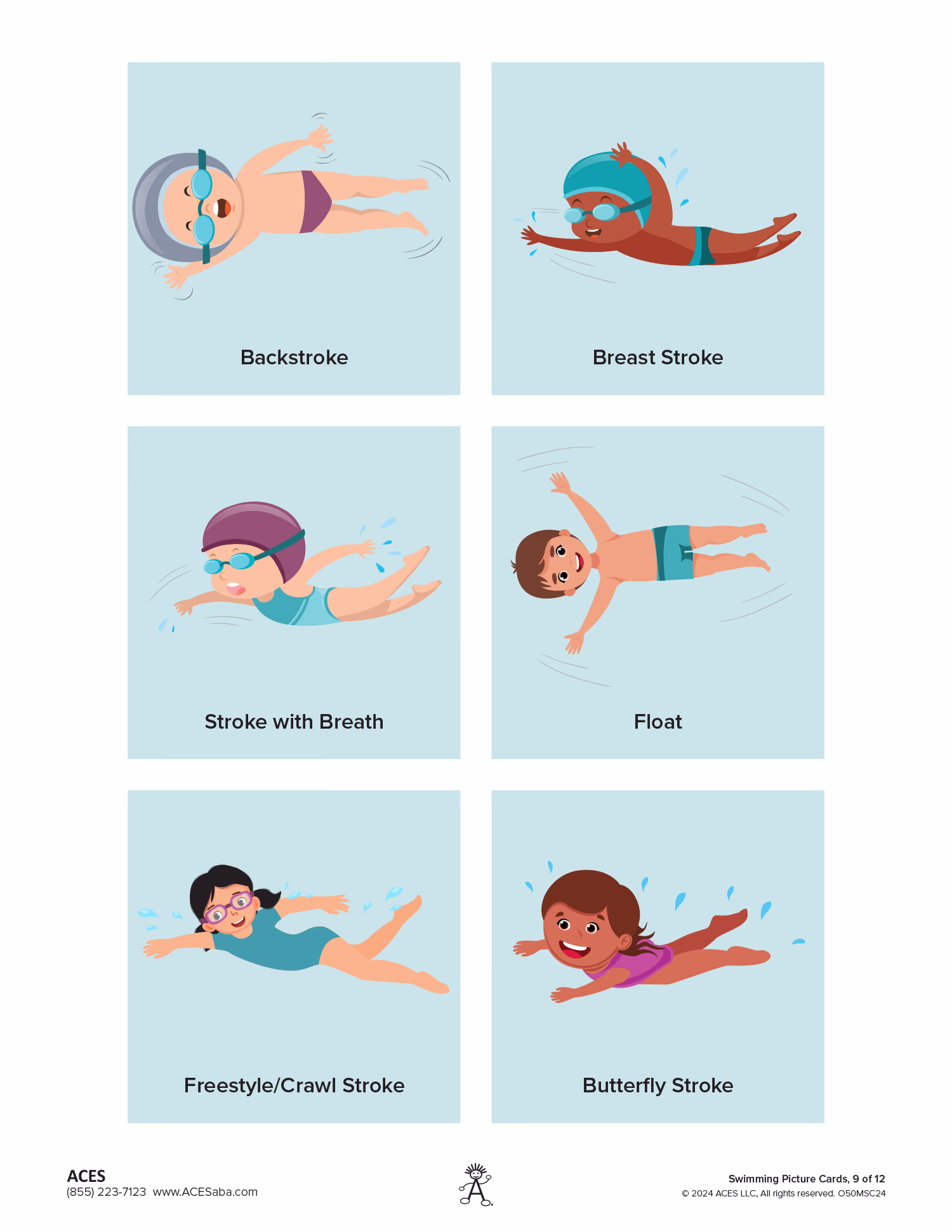 Illustrations of six swimming techniques with children: backstroke with goggles, breaststroke with swim cap and goggles, stroke with breath wearing swim cap and goggles, floating face-up, freestyle/crawl stroke with goggles, and butterfly stroke smiling without goggles, all on a light blue background with labels beneath each image.