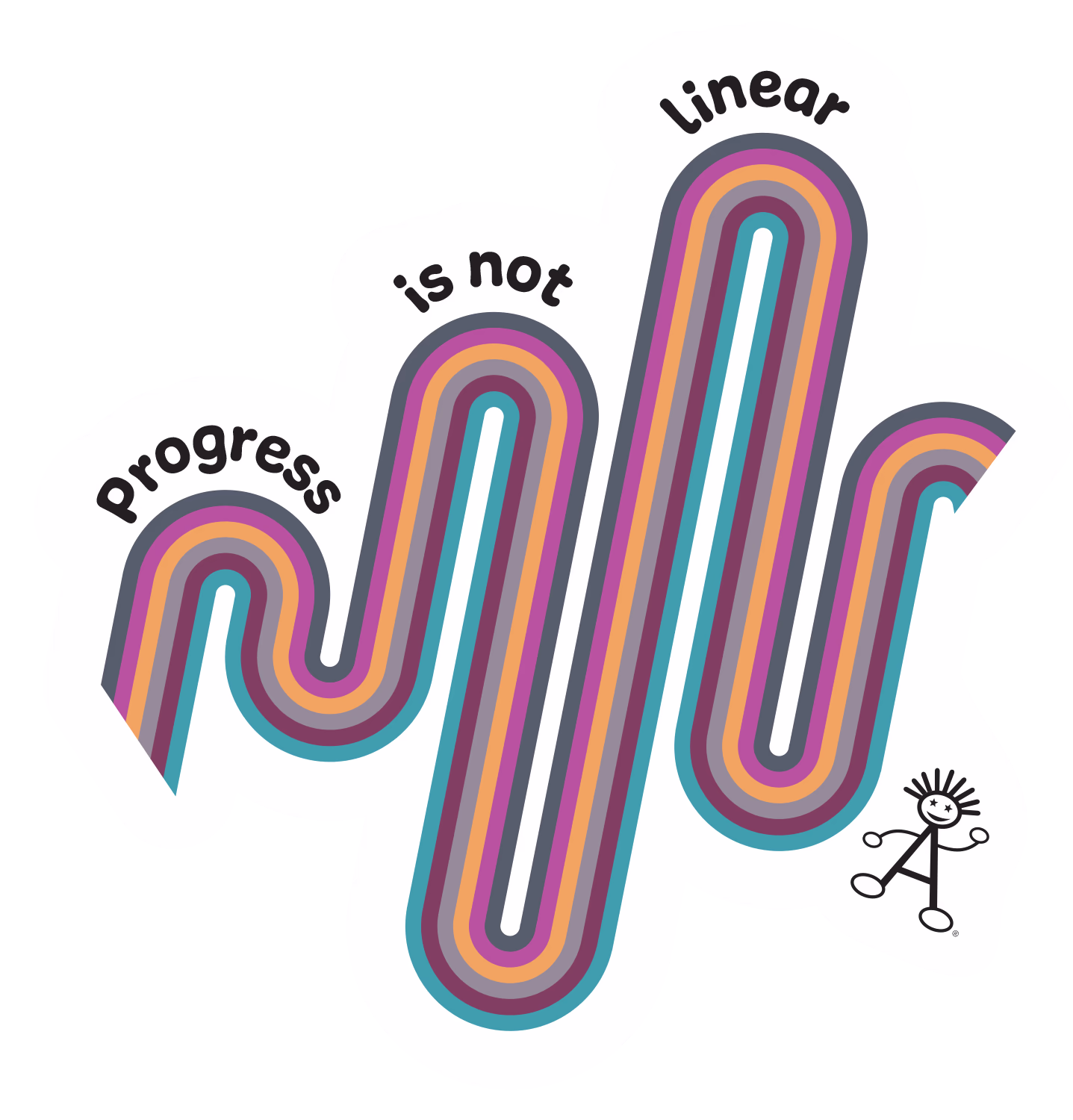 "Progress is not linear" phrase shown above and around a multicolored wavy striped line, with a small stick figure drawing at the bottom right.