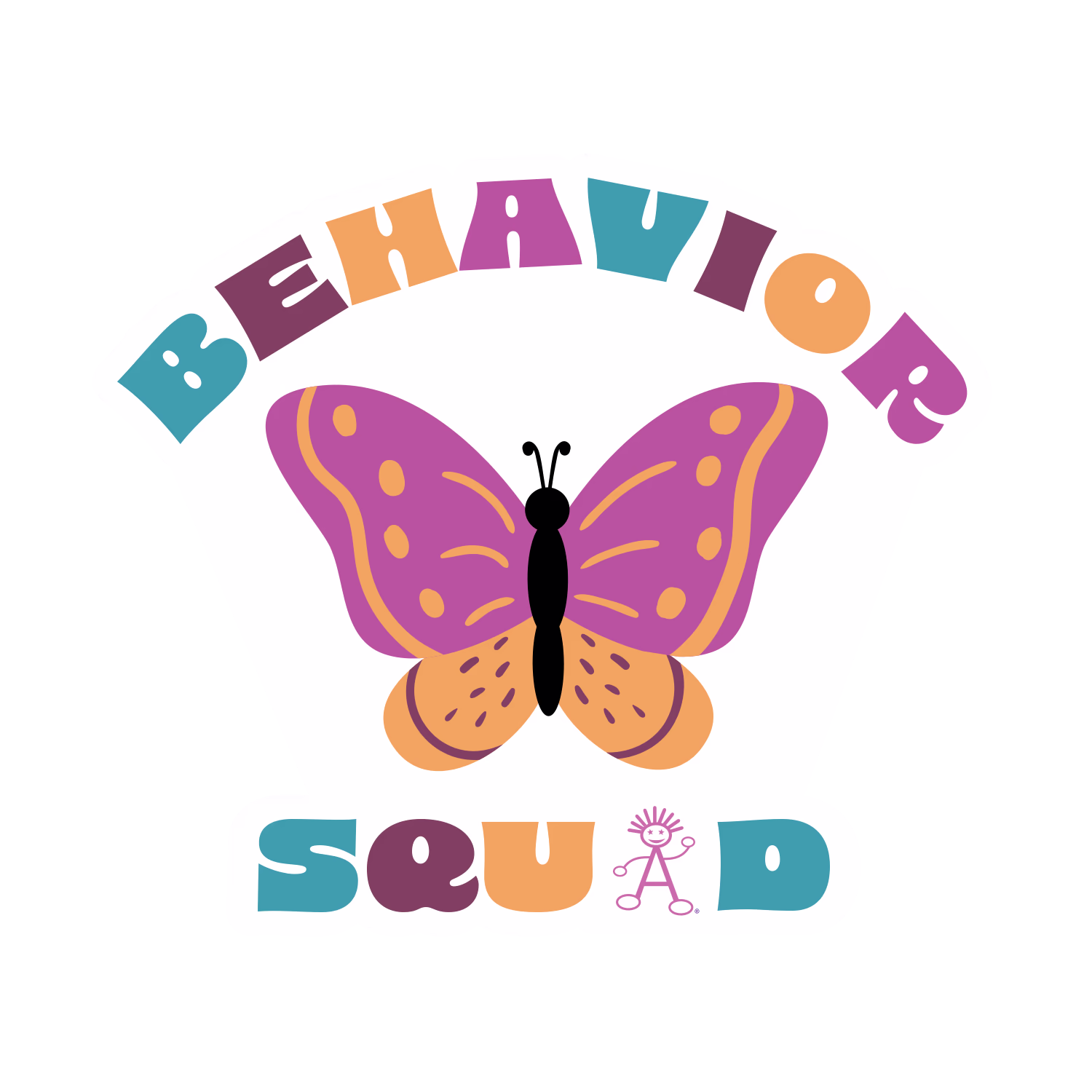 Colorful butterfly with purple and orange wings and black body, surrounded by the words 'BEHAVIOR SQUAD' in multicolored playful lettering, with a small stick figure incorporated into the letter A in 'SQUAD'.