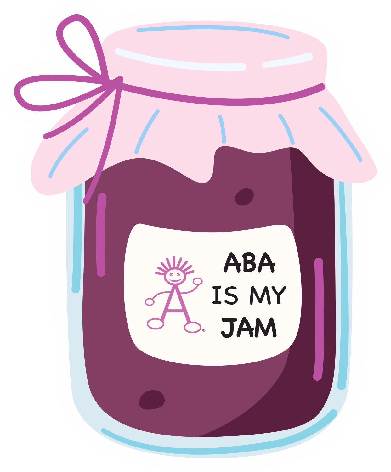 Illustration of a glass jar with purple jam inside, topped with a pink cloth tied with a ribbon, and a label showing a stick figure and the text 'ABA IS MY JAM'.