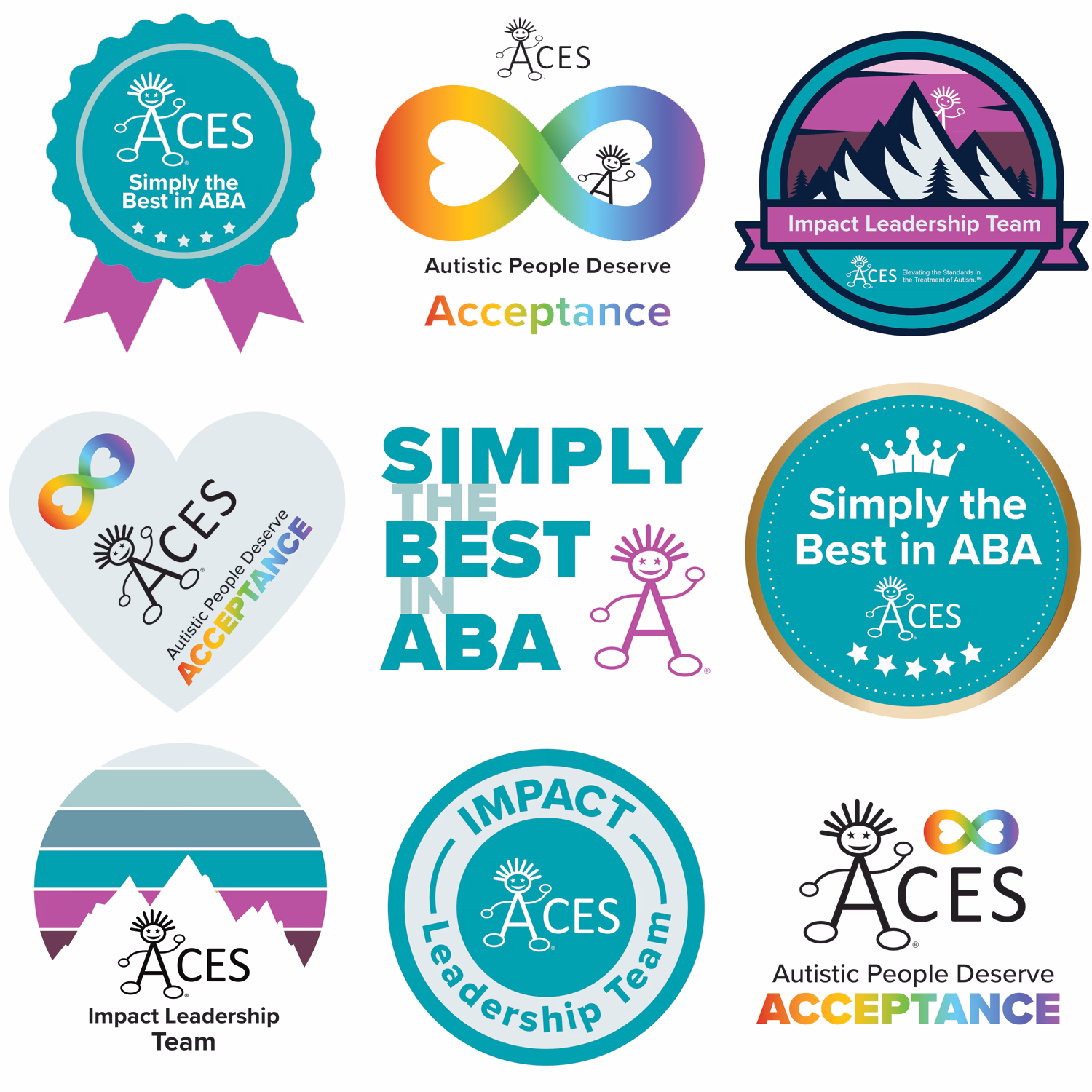 Nine colorful logos for ACES featuring stylized stick figure person with spiky hair, infinity symbol in rainbow colors, and text promoting acceptance and leadership with phrases like 'Simply the Best in ABA,' 'Autistic People Deserve Acceptance,' and 'Impact Leadership Team.' Logos include badges, hearts, circular and mountain-themed designs with bright teal, pink, purple, and rainbow hues.