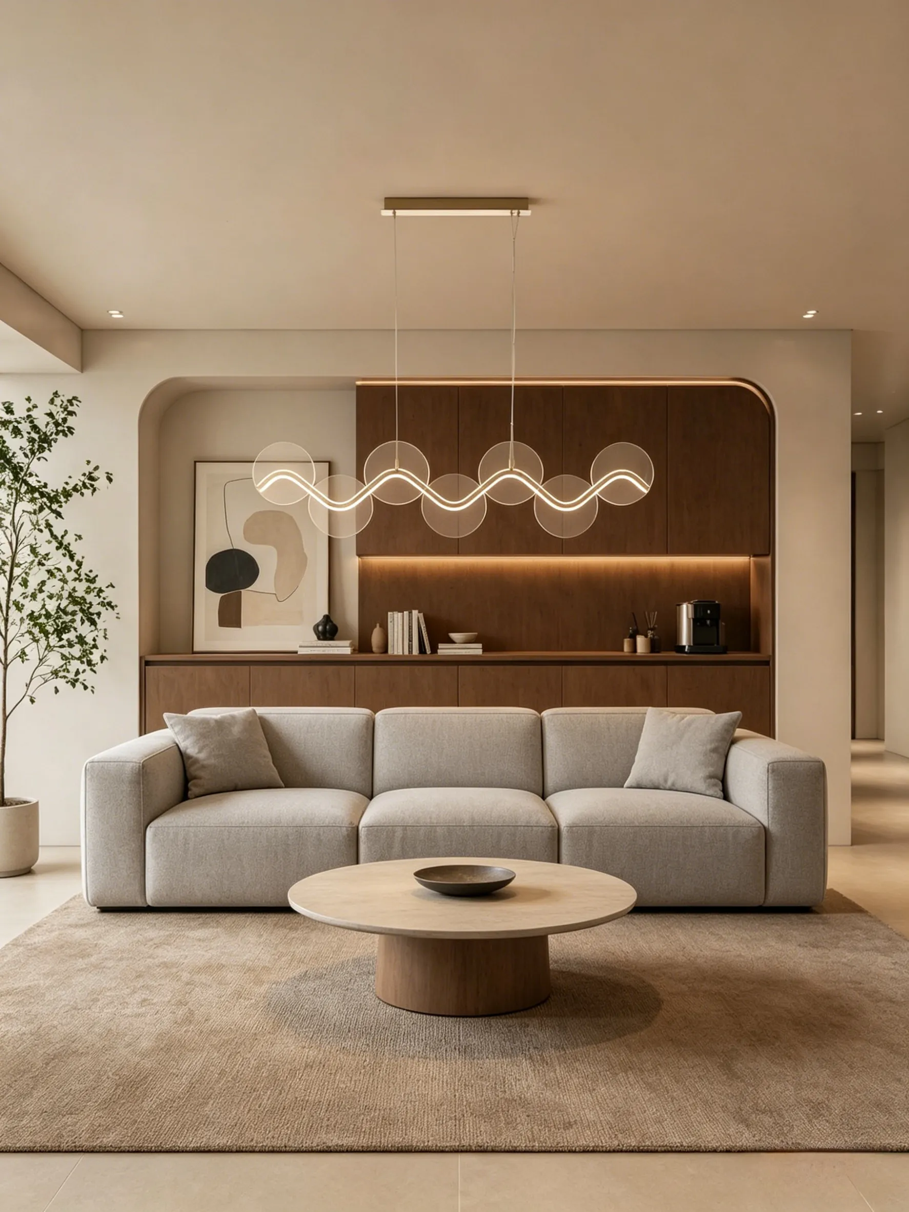 Modern living room with a light grey three-seat sofa and two matching cushions on a beige rug, in front of a round wooden coffee table with a dark bowl, under a wavy linear pendant light. Behind, wooden cabinetry with warm under-cabinet lighting and decorative items including abstract art, books, and a coffee maker, with a potted plant to the left.