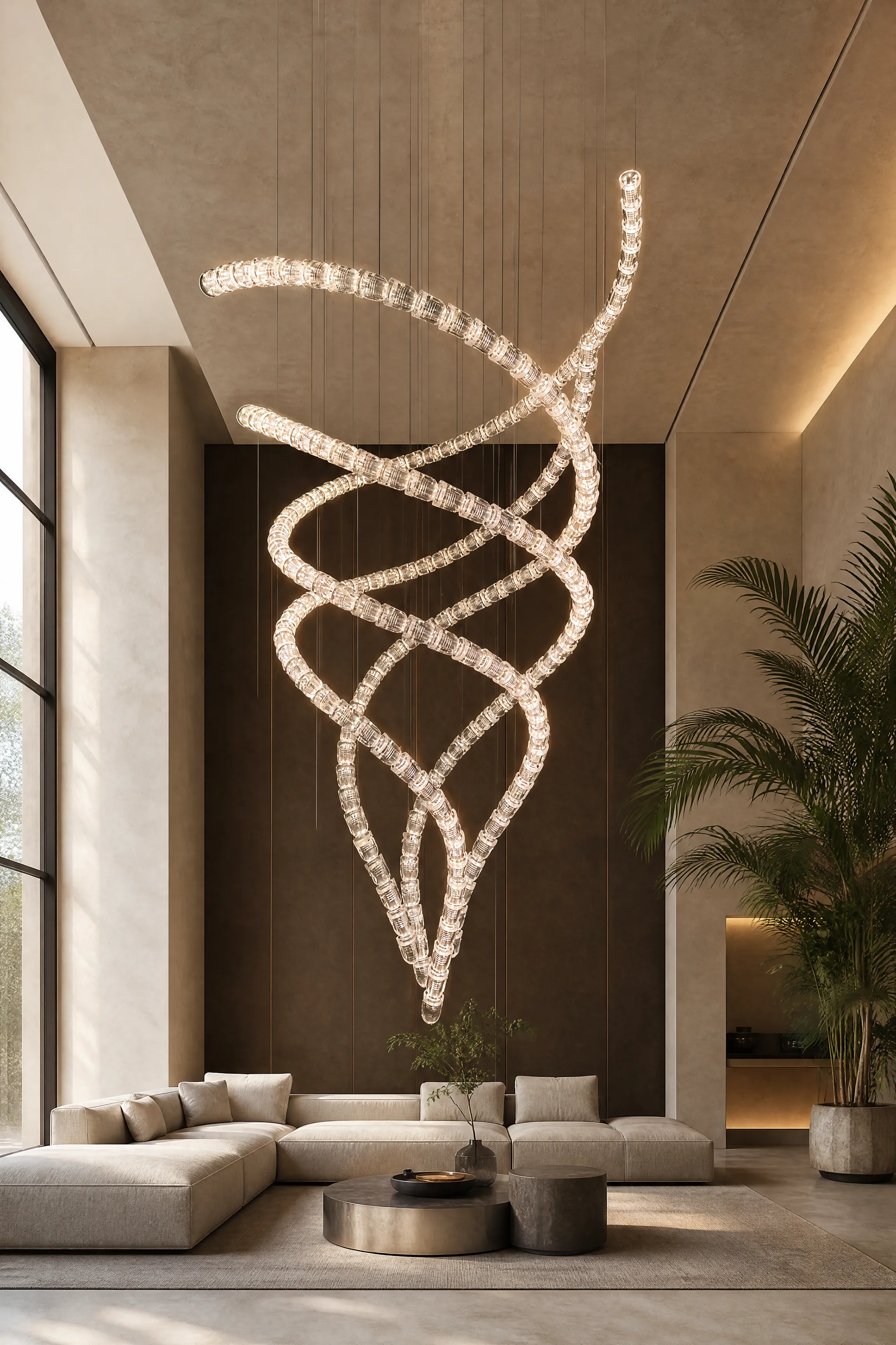 Luxury residential living room with a linear pendant light
