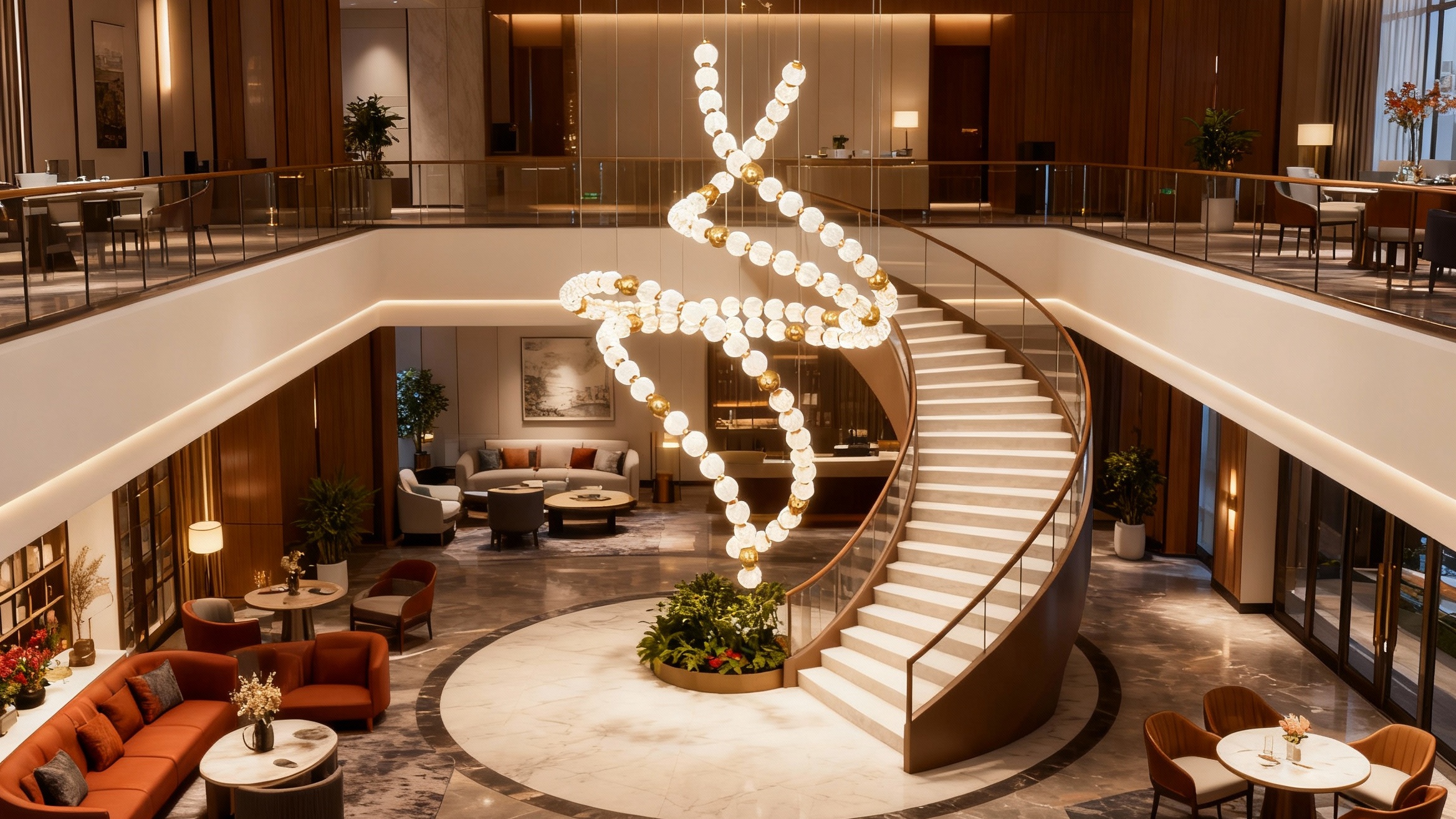 Luxury residential living room with a wave-form pendant light