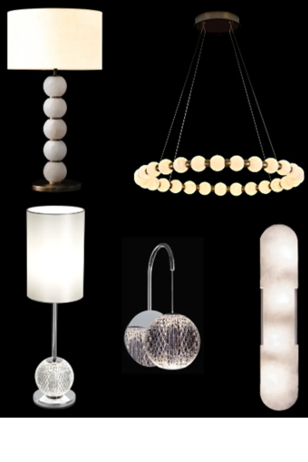 Collection of five modern lights on black background: top left is a table lamp with five white spherical segments and a white drum shade; top right is a circular pendant light with a ring of small glowing orbs supported by three wires; bottom left is a table lamp with a glowing white cylindrical shade and a textured spherical base; center bottom is a wall sconce featuring a textured spherical glass shade hanging from a curved metal arm attached to a round base; far right is a vertically mounted wall light with a frosted elongated oval shape emitting soft light.