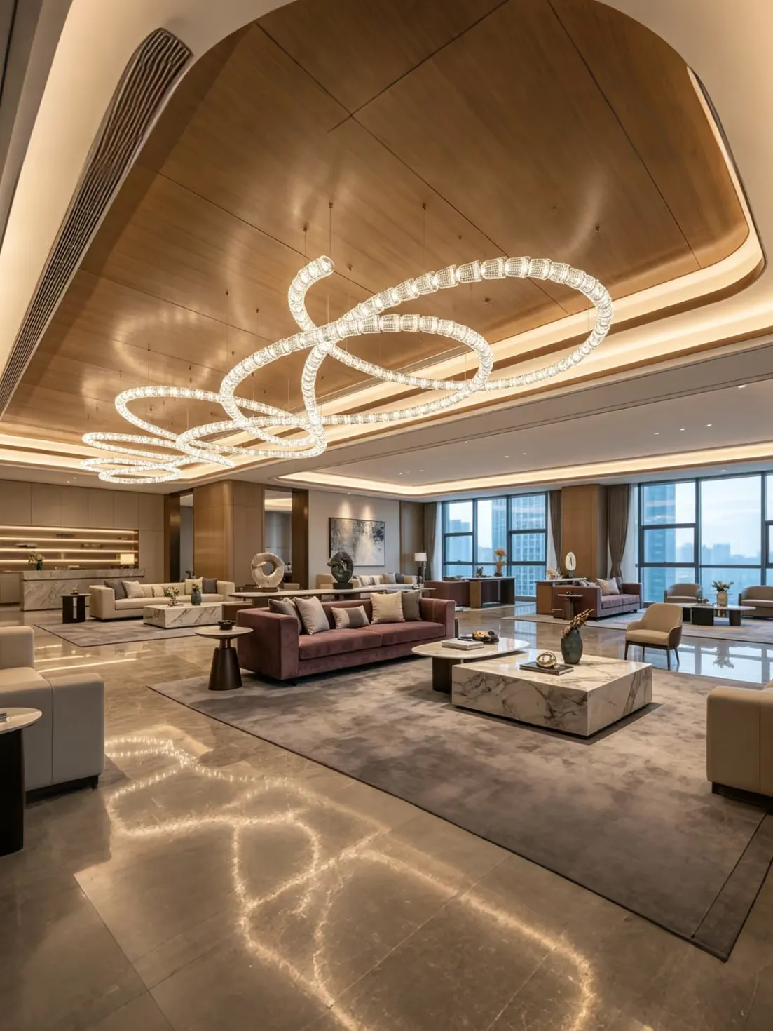 Spacious modern living room with unique circular LED chandeliers on a wooden ceiling reflecting on polished floor, featuring brown and beige sofas, marble coffee tables, large windows with city views, and contemporary decor.