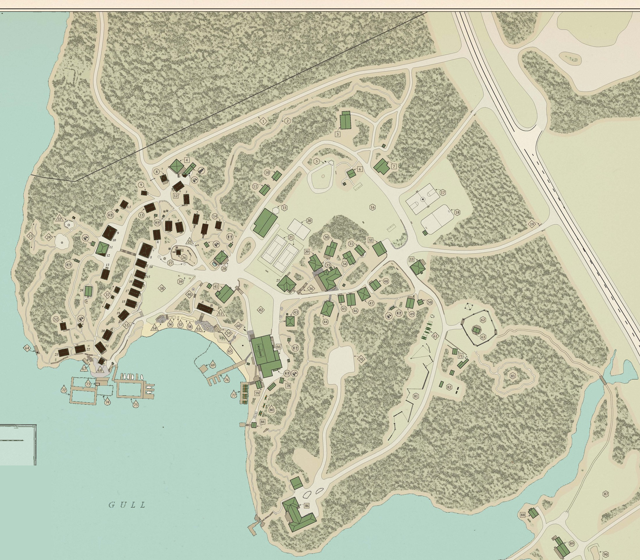 Illustrated map of Kilcoo Camp on Gull Lake, showing cabin sections, activity areas, waterfront, and camp buildings
