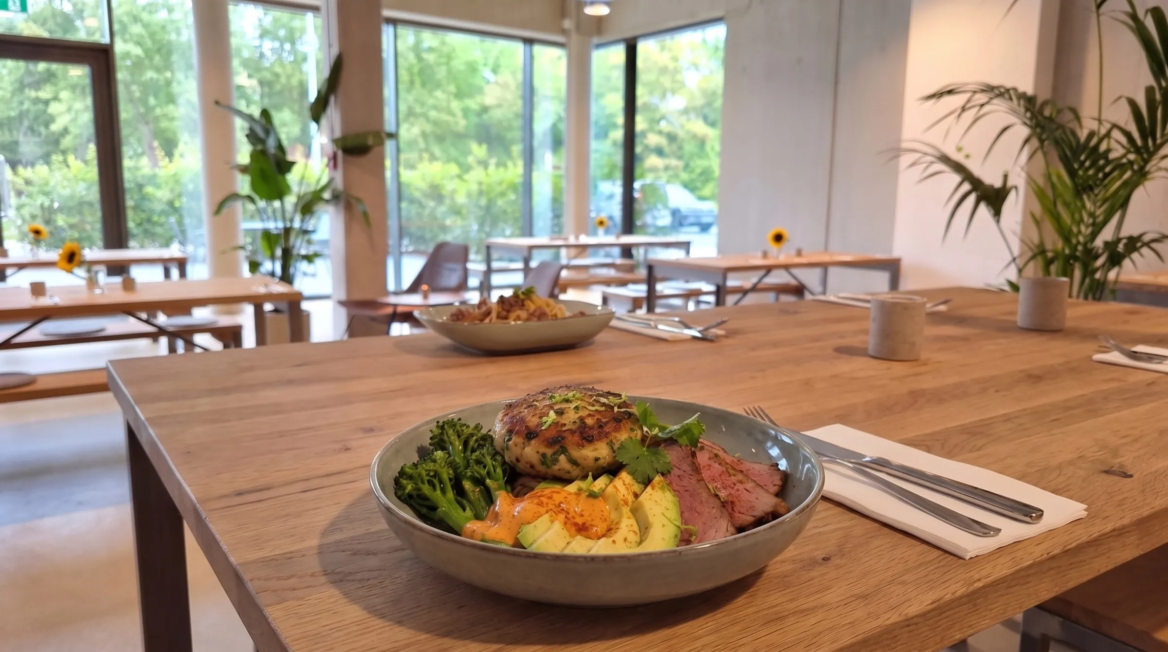 Bowl mit Kräuterbrätling, Avocado und Brokkoli auf der langen Holztafel im Gastraum von THE COURT, dahinter die Fensterfront