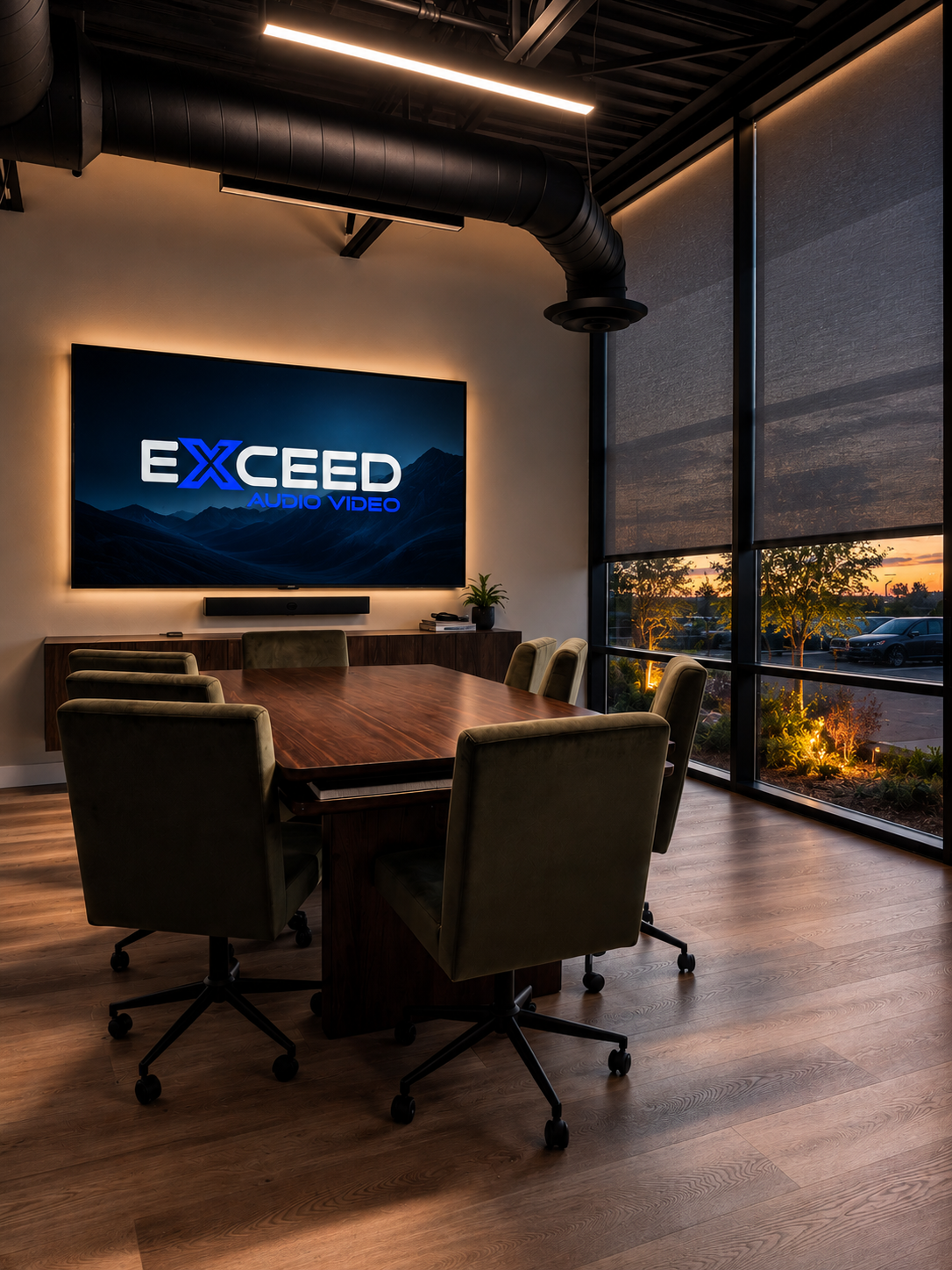 Modern conference room with wood table, green chairs, large screen showing EXCEED Audio Video logo.