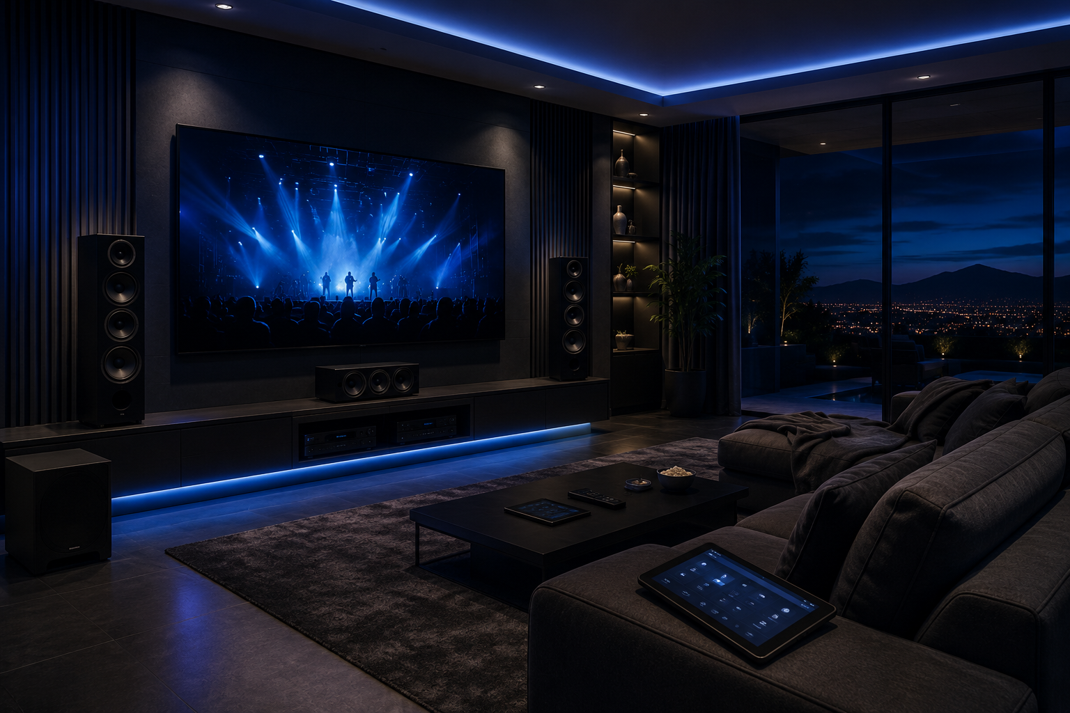 Modern living room with a large TV showing a stage concert lit in blue and a night city view outside.