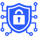 Blue shield with a padlock in the center and circuit lines extending outward symbolizing cybersecurity.