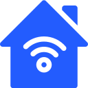 Blue house icon with Wi-Fi signal symbol inside representing smart home.
