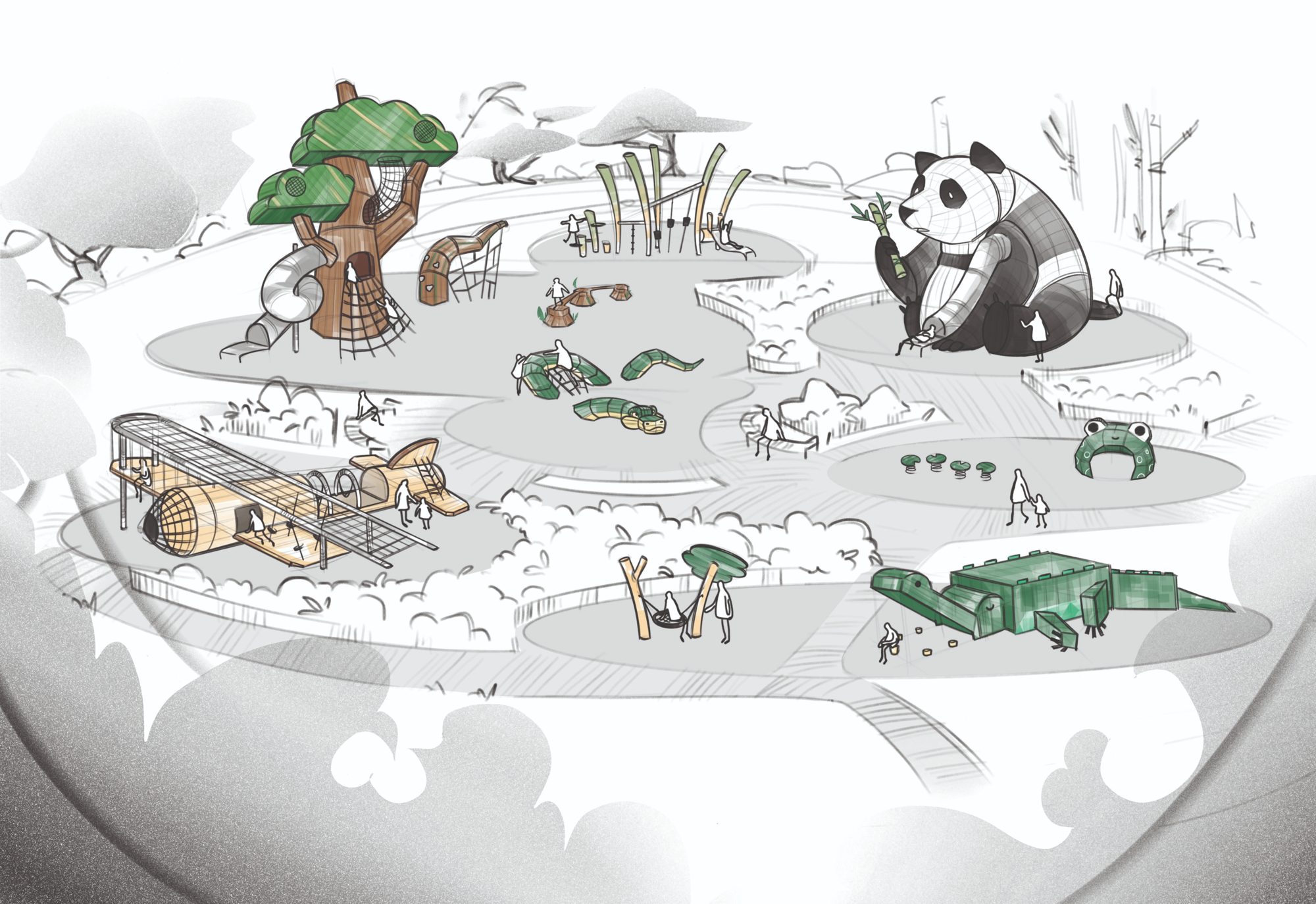 Illustrated panda and crocodile play landscape