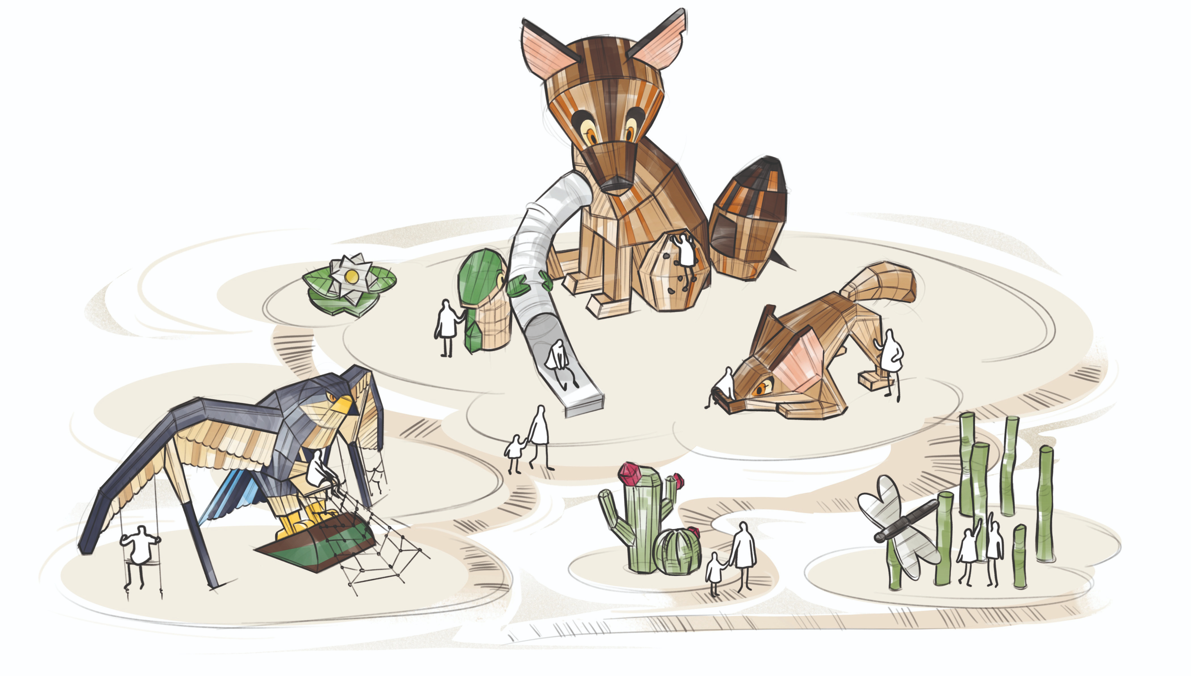 Illustrated animal-shaped play structures
