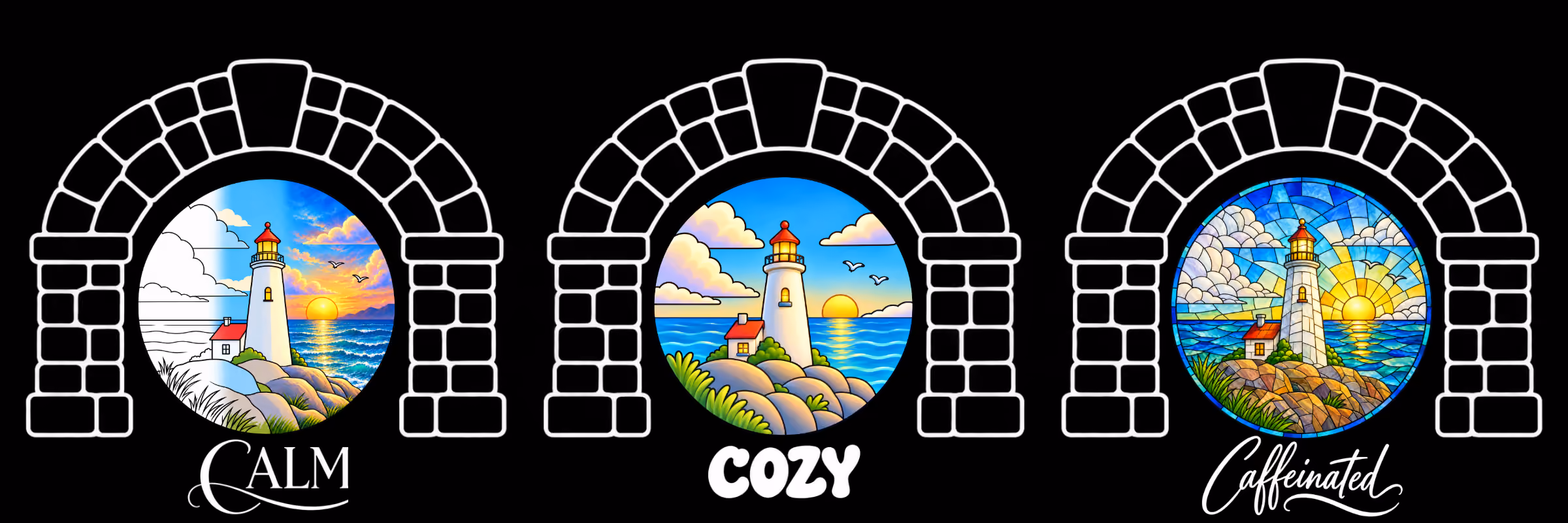 SeaLight Coloring Books: three stone arches framing a lighthouse scene in line art, full color, and stained glass