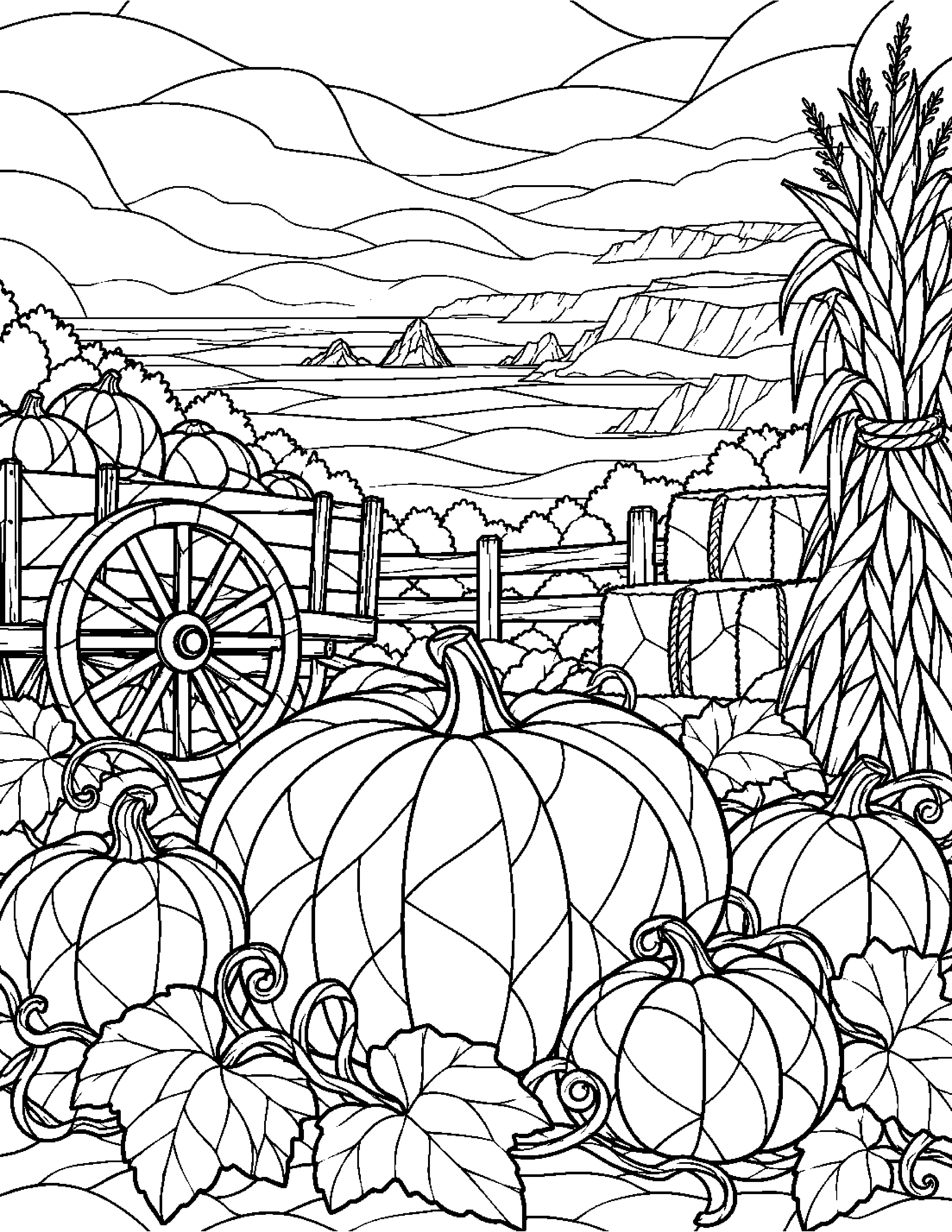 A pumpkin patch by the sea in stained glass style, a Caffeinated section page from The Autumn Edition, ready to color