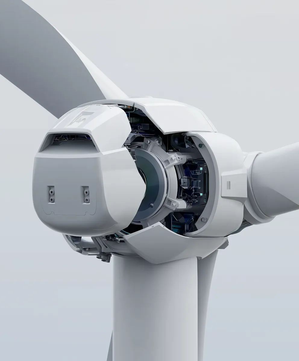 Close-up of a modern wind turbine with its nacelle open, showing internal mechanical components.