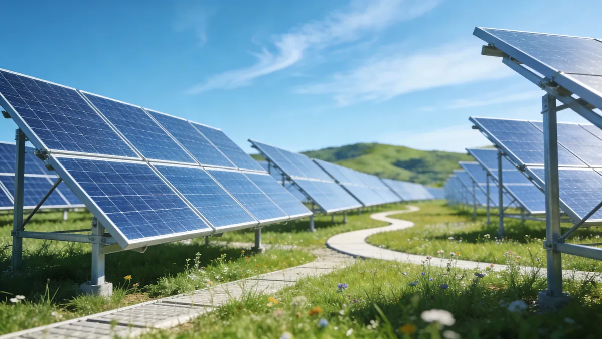 Solar panels arranged in rows on grassy field with a winding paved path and hills in background.