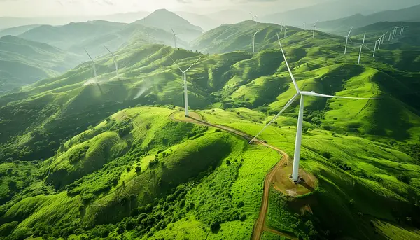 Wind turbines scattered across green rolling hills under a hazy sky in a mountainous landscape.