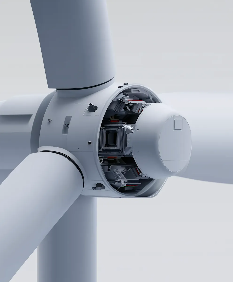 Close-up of a wind turbine nacelle with its cover partially removed, showing internal components.
