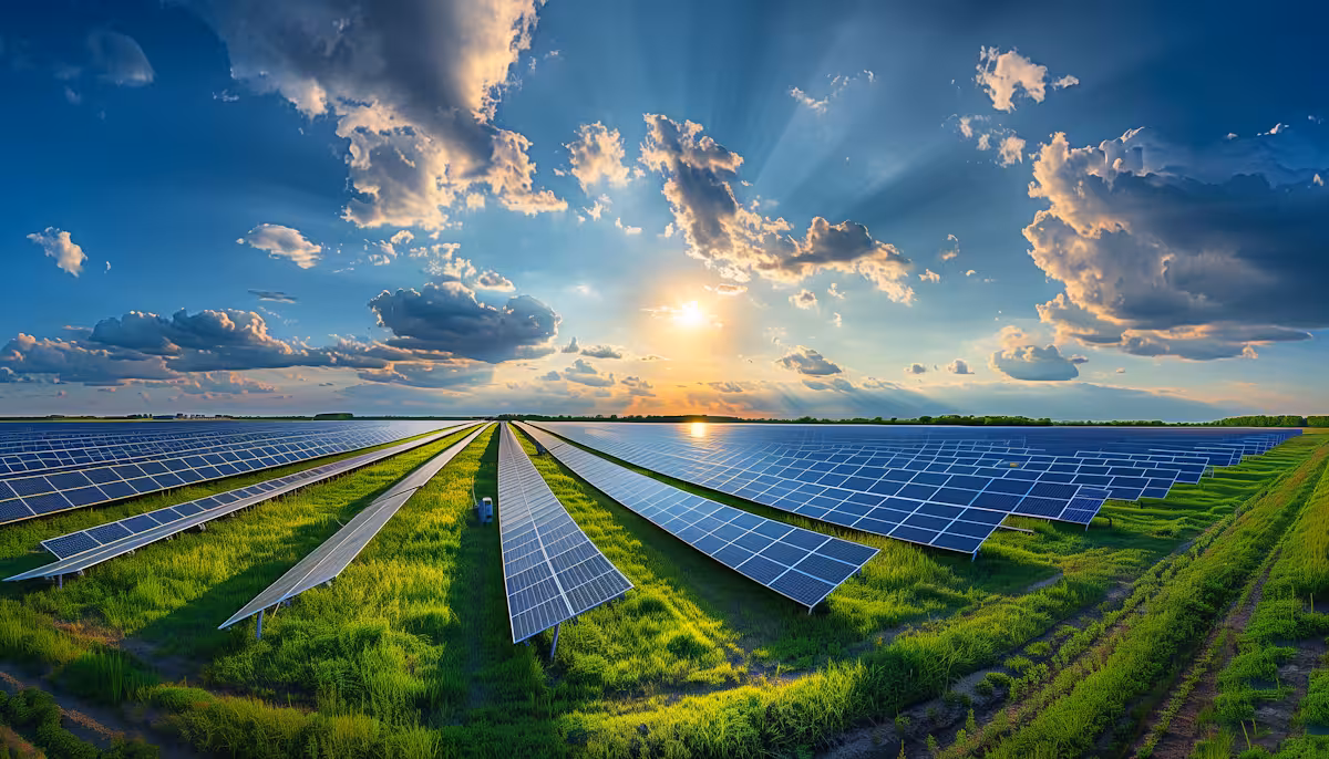 Solar panels spread across a green field under a sunlit sky with scattered clouds at sunset.