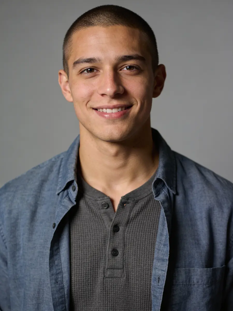 Smiling young man with short hair wearing a gray shirt and unbuttoned blue shirt against gray background.