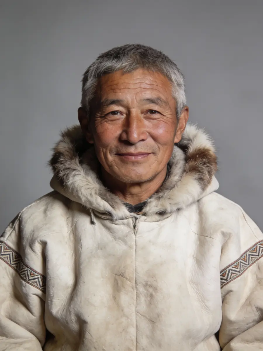 Portrait of an elderly man wearing a fur-lined traditional coat with a faint smile.