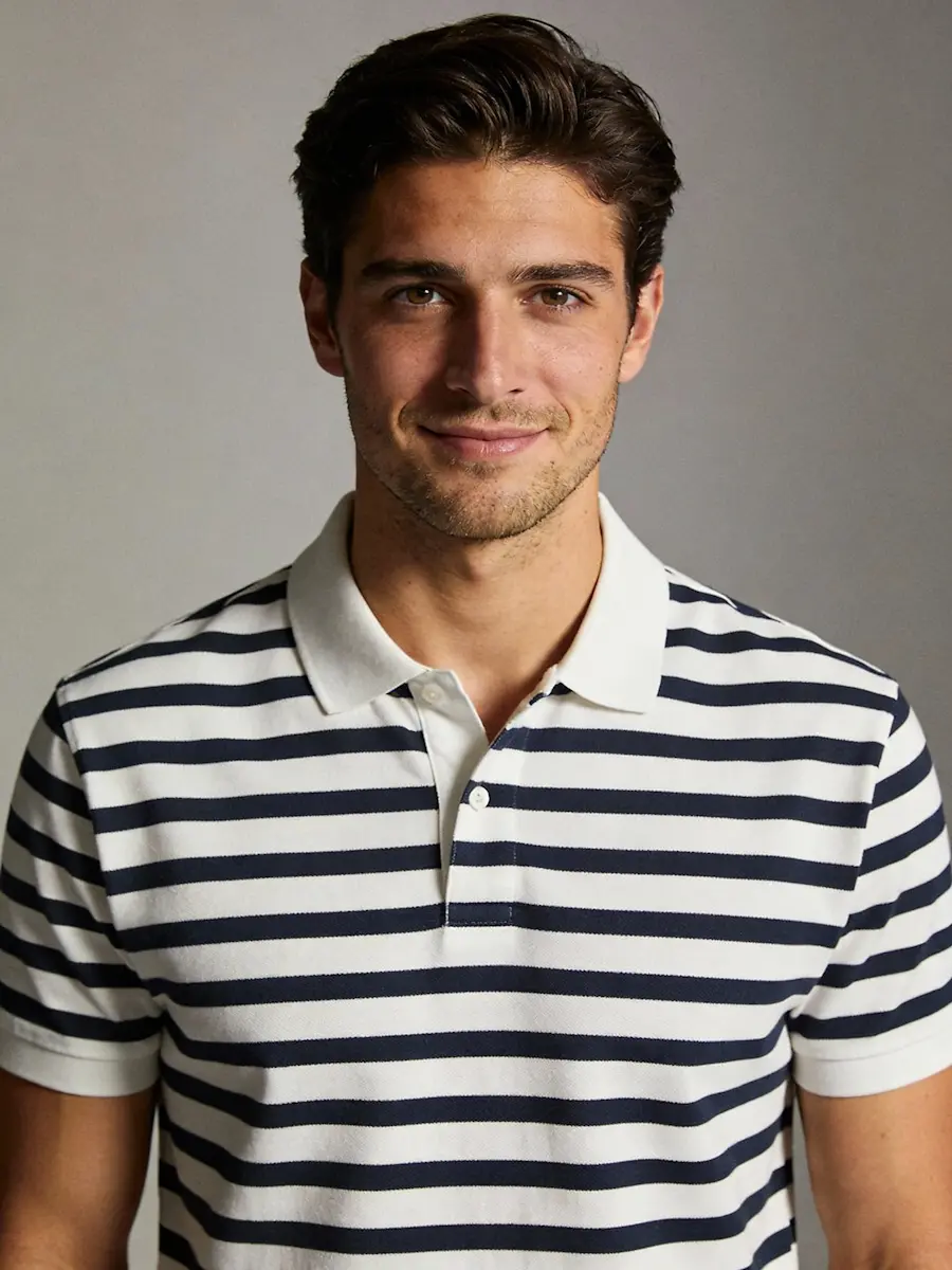 Smiling man with short dark hair wearing a white and navy striped polo shirt against neutral background.