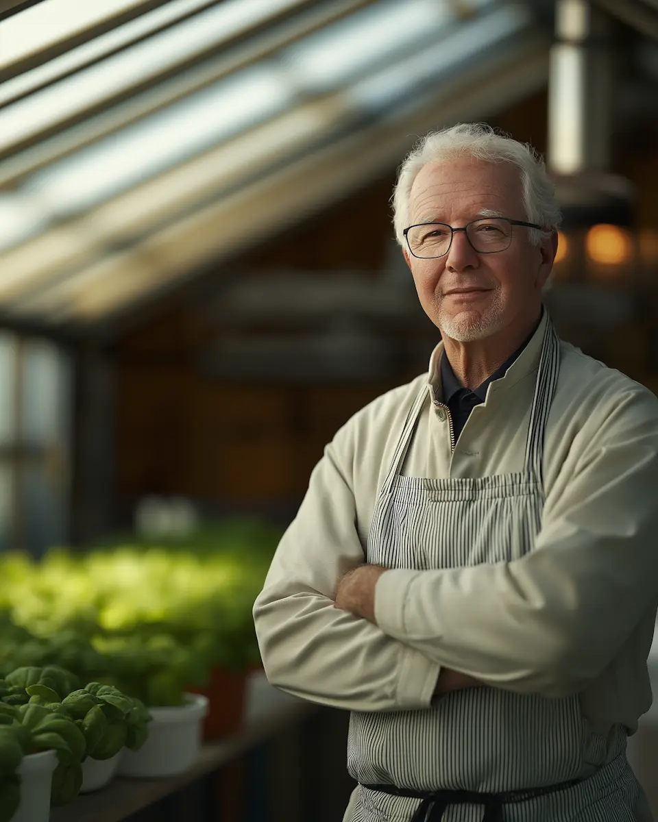 Elderly man with glasses and apron standing in greenhouse with potted green plants.