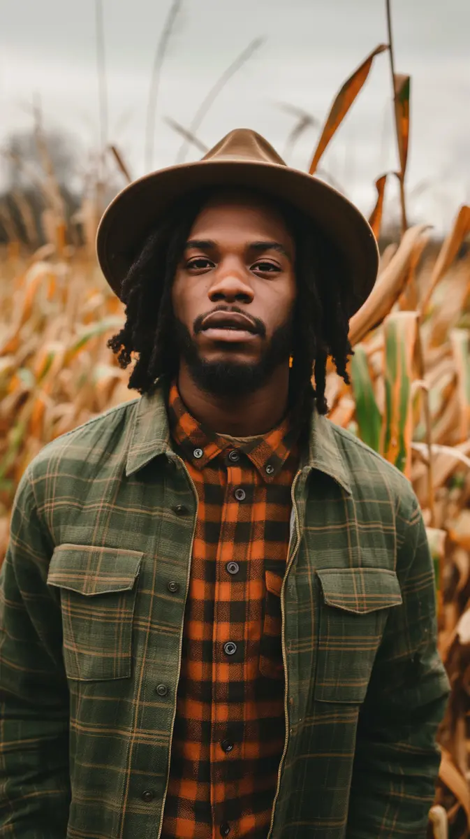 Man with dreadlocks wearing a brown hat and plaid shirts standing in a field of tall dry plants.