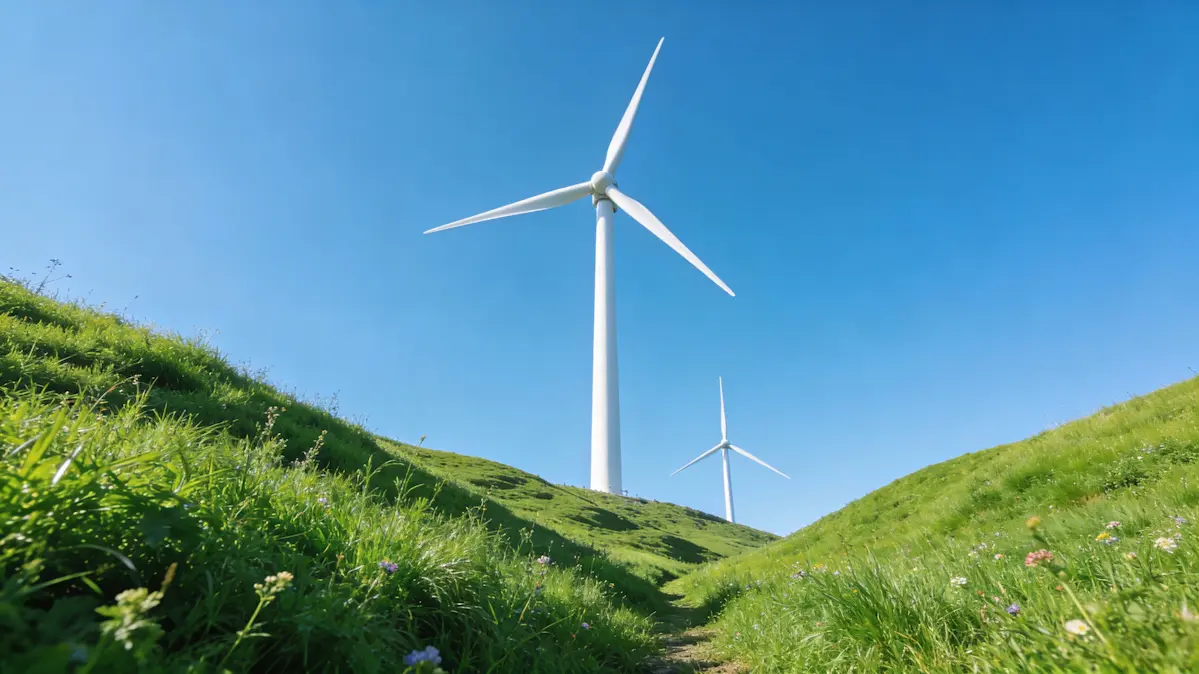 Two large wind turbines on green hills under a clear blue sky on a sunny day.