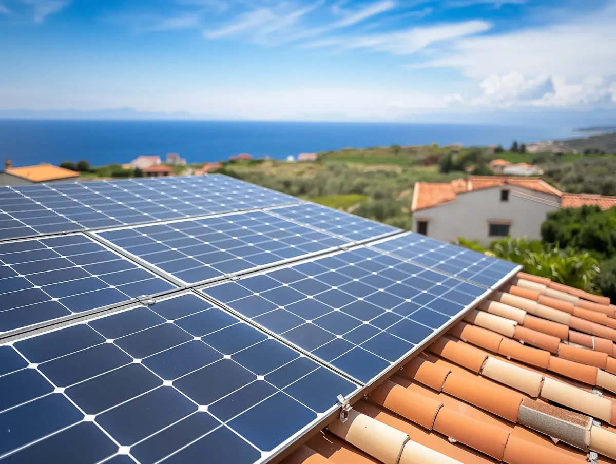 Solar panels installed on a terracotta roof with a distant blue sea and houses in the background.